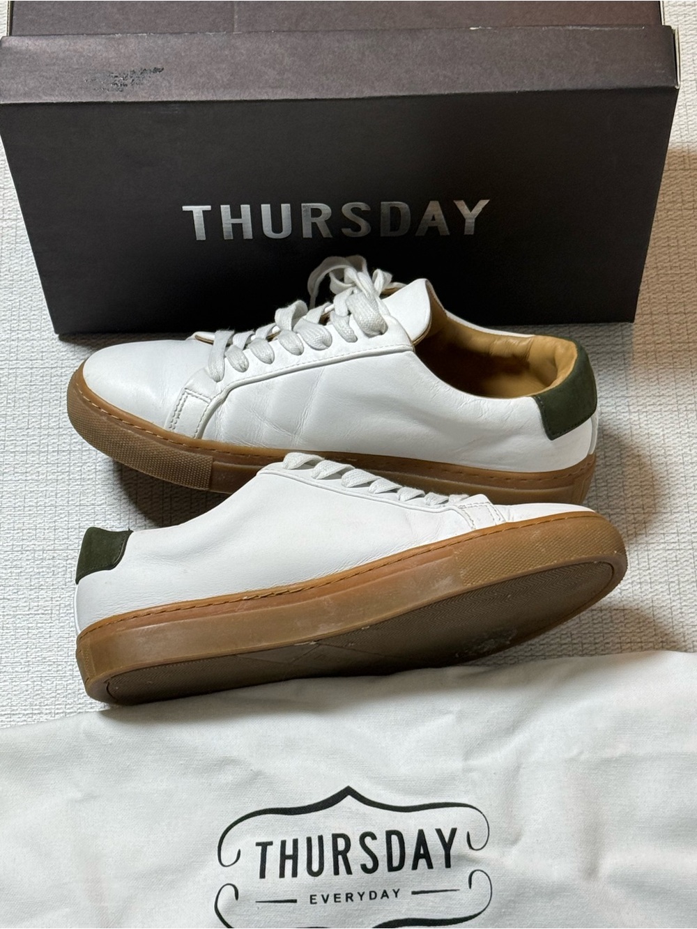 Thursday Boot Company Women’s White Sneakers with Gum Sole and Olive Heel